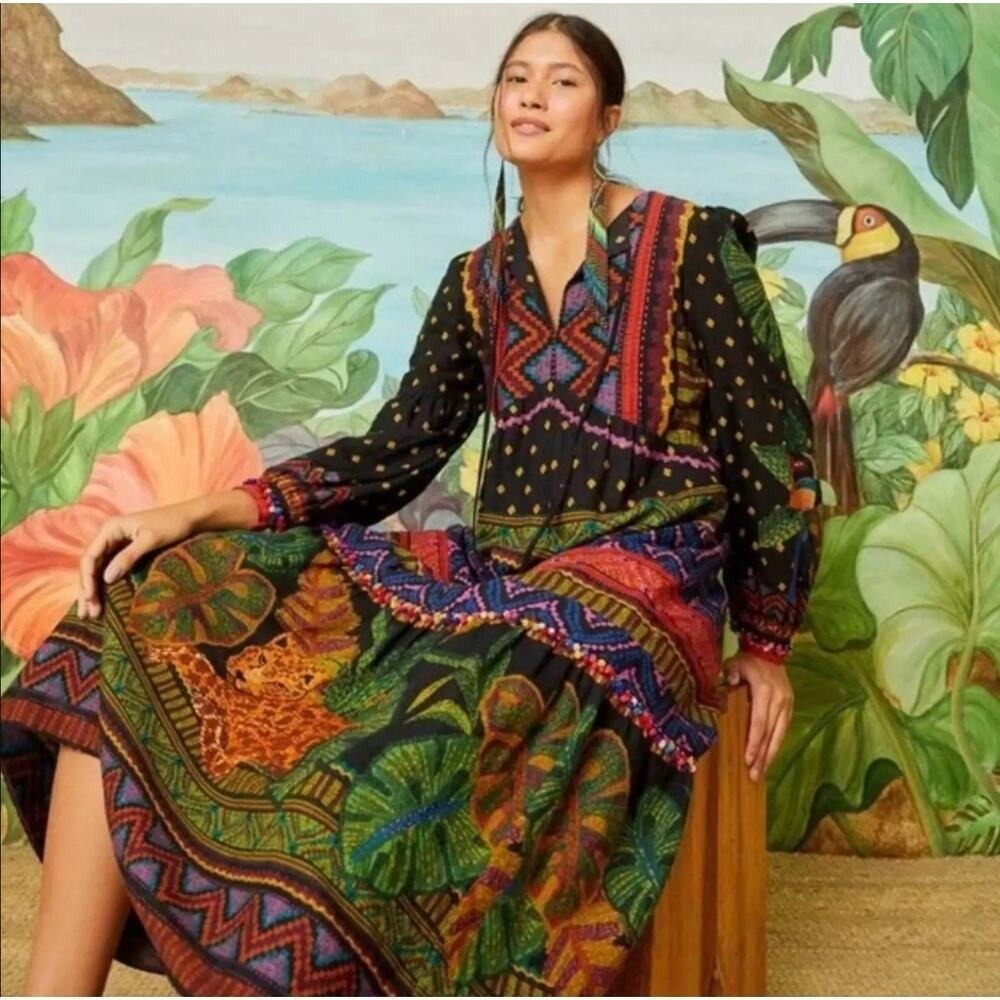 Farm Rio Forest‎ Tapestry Midi Dress XS Long Sleeve Boho Festival Embroidered